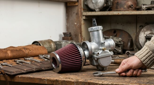 Motorcycle carburetor and red air filter on wooden workbench. Mechanic holding wrench in vintage repair workshop