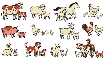 Fototapeta premium Vector illustration set of domestic farm animals with babies including cow sheep horse pig goat duck hen dog and cat