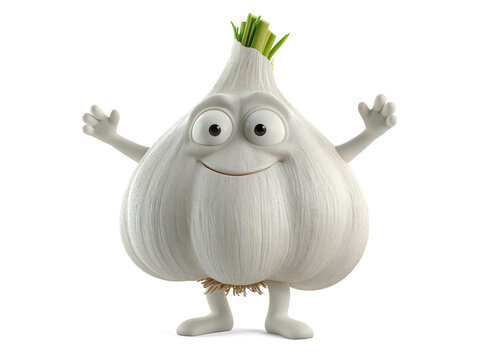 Animated garlic character with arms and legs isolated on white background