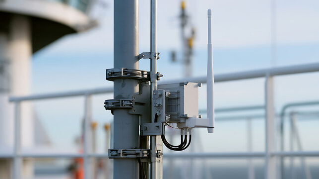 Industrial wireless communication antenna device mounted securely on metal pole structure outdoors against bright daylight sky background