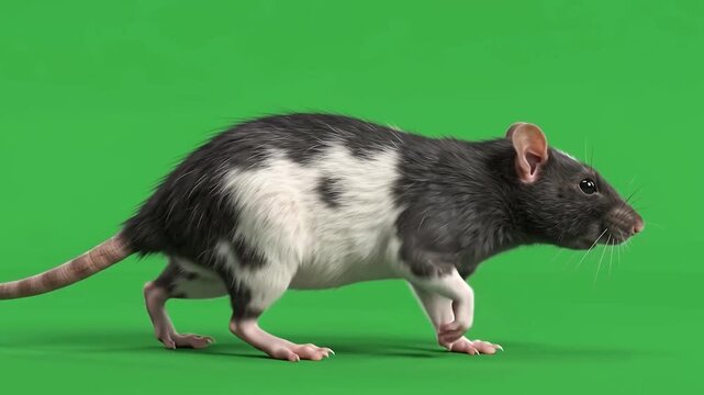 Side view of a black and white fancy rat walking against a chroma key green screen background. Domesticated rodent or pet mouse in motion.