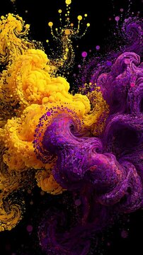 Abstract yellow and purple pointillized stains floating and expanding on a dark background in a modern art style with cinematic motion