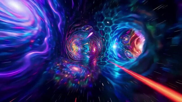 Abstract multiverse motion with cosmic light trails flying through hyperspace tunnels in a fast futuristic warp speed journey