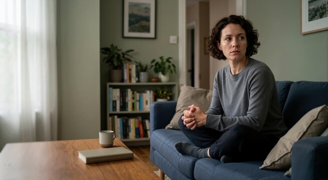Person with PTSD finding it difficult to relax in familiar room. Hypervigilance and startle responses