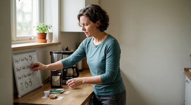 Person with schizophrenia breaking routine task into manageable steps. Disorganized thinking and cognitive challenges