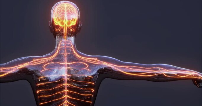 This illustration presents the intricacies of human brain anatomy showing neural connections extending through the arm. The striking visualization highlights the complex network within the body.
