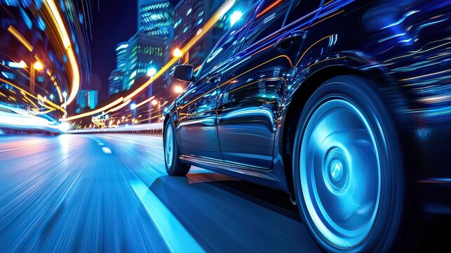 Dynamic Night City Drive with Luxury Car and Glowing Lights