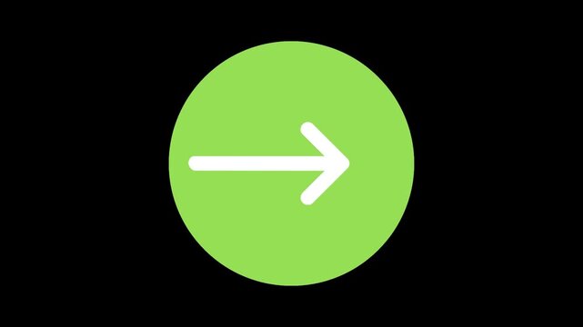 Minimalist green circle with white arrow icon loop animation on transparent background for symbol to peel pull push here or download or any directions