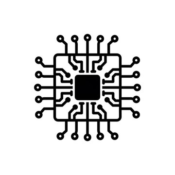 Black and white microchip processor icon graphic symbol for technology concepts