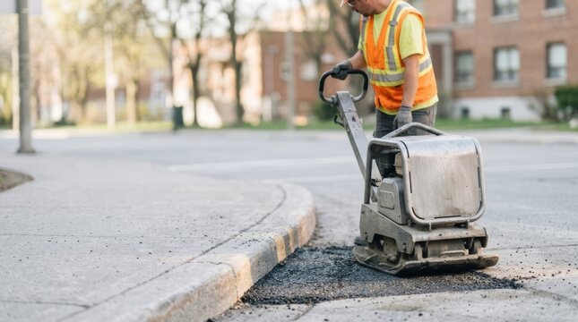 Road worker uses plate compactor to repair asphalt on curb edge, urban street scene with copy space