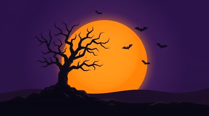 Fototapeta premium Halloween Night Landscape with Full Moon, Dark Forest Tree Silhouettes, Flying Bats, and Starry Sky, Spooky Moonlit Vector Illustration Background