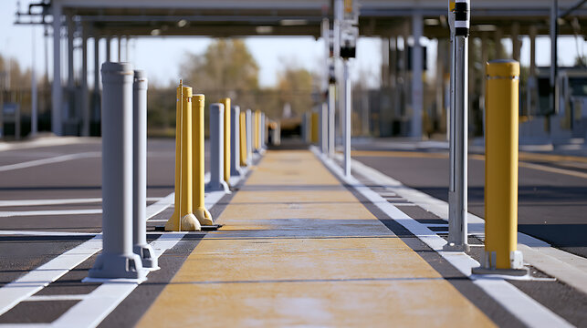 A low-angle view of a lane divider with yellow and grey bollards, safety posts, and road markings at a toll plaza or checkpoint area