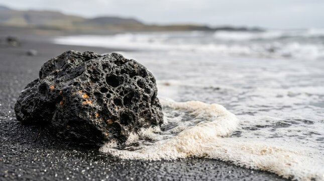 Porous black lava rock on wet sand with sea foam, close-up of ocean texture and natural elements