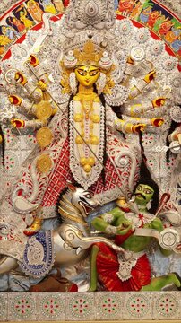 Goddess Maa Durga statue during Navratri festival, Hindu deity idol, Durga Puja celebration
