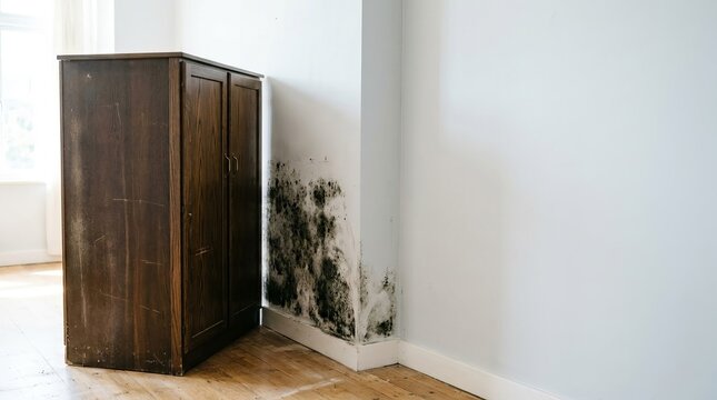 Black mold on wall behind wooden wardrobe in sunlit room, interior damage concept