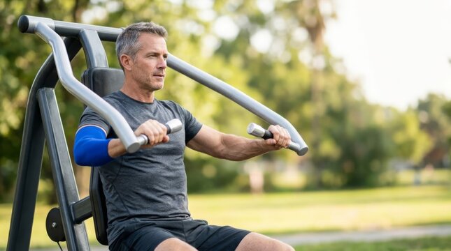Focused man exercising chest press outdoors in a park on modern gym equipment, profile view with copy space