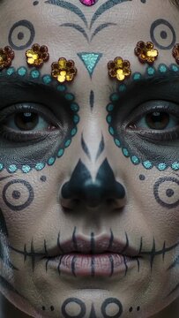 Vertical video: Closing eyes on cue, skull-makeup model showing makeup in studio, gem, gold sequins