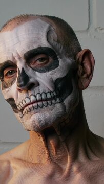 Vertical video: Starting left, shirtless man shifting head by wall, showing skull paint, neck bones