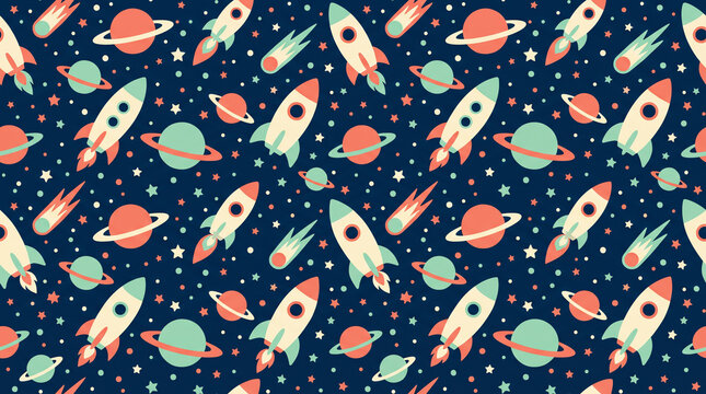 Cute flat space seamless pattern with rockets, planets, comets and stars on dark blue background for kids wallpaper and wrapping paper with copy space