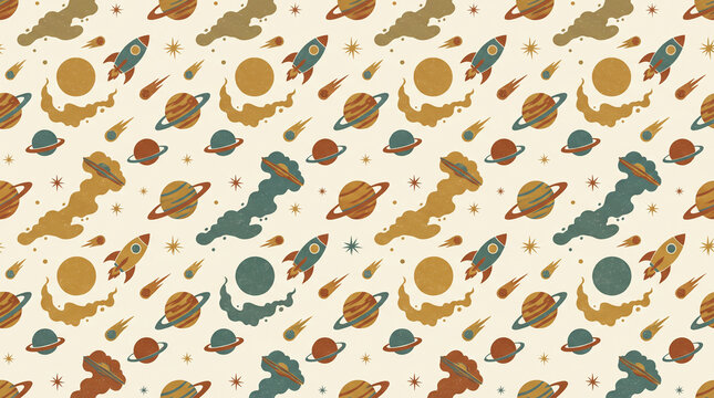 Retro vintage space seamless pattern with rockets, planets, meteors and stars on beige background for mid century kids wallpaper with copy space