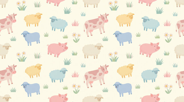 Cute farm animals seamless pattern with pastel cows, sheep, pigs and flowers on beige background for kids nursery wallpaper with copy space
