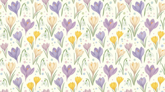 Gentle spring crocus and snowdrop flowers seamless pattern on beige background for easter wrapping paper with copy space