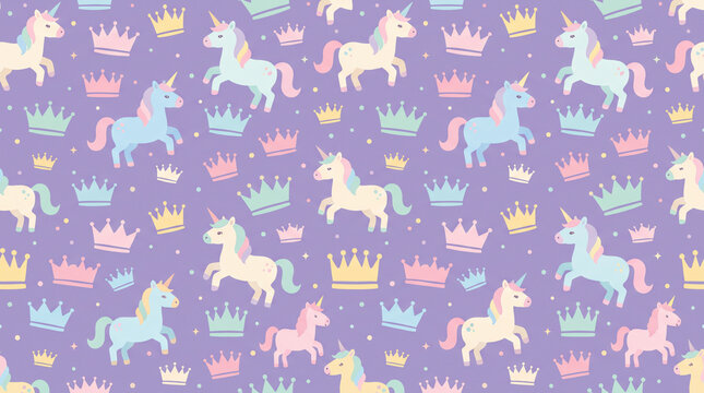 Cute magical unicorns and crowns seamless pattern on purple background for girls nursery wallpaper and wrapping paper with copy space