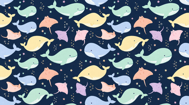 Cute pastel whales and stingrays seamless pattern on dark blue background for kids nursery wallpaper and wrapping paper with copy space