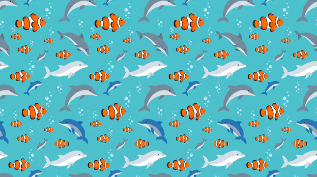 Cute dolphins and clownfish seamless pattern on turquoise blue background for kids underwater wallpaper and wrapping paper with copy space