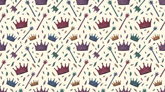 Vintage magic crowns and magic wands seamless pattern with feathers on beige background for fantasy wrapping paper with copy space