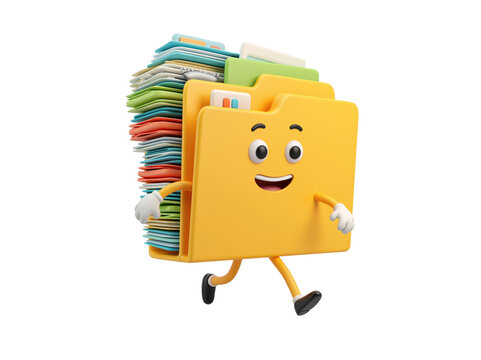 Smiling yellow folder character holding many files isolated on white background