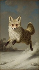 Fototapeta premium Vintage-style fox leaping in snowy landscape, ideal for mobile wallpaper.