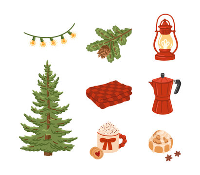 Set of holiday clip art. Christmas tree, retro garland of light bulbs, red checkered blanket, mug with cozy drink, fir branch with pine cone, cinnamon roll with spices, coffee pot, vintage lantern