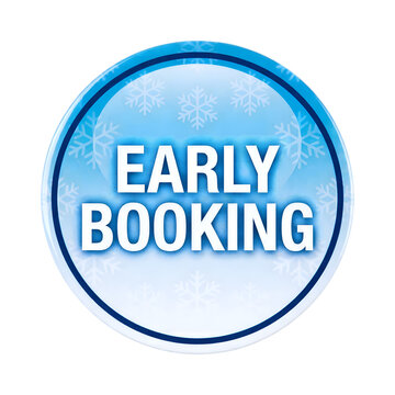 Blue Round Early Booking Button with Snowflakes, Winter Travel Offer