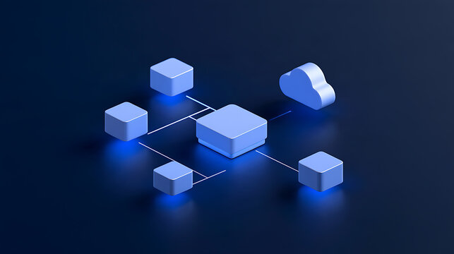 Isometric cloud computing network concept with blue blocks and database server connected by lines on dark background for tech design