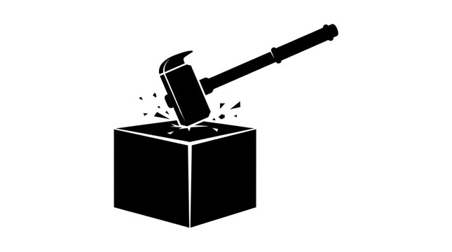 Sledgehammer hitting and breaking a solid cube silhouette