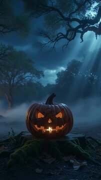 Vertical video: Flickering jack-o'-lantern with breeze moving, casting glow across night clearing