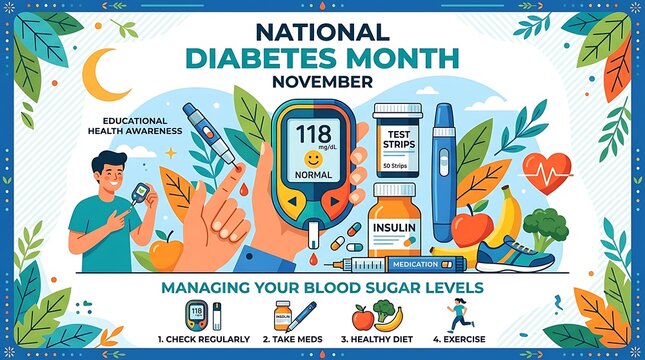 National diabetes month awareness poster with blood sugar health tips