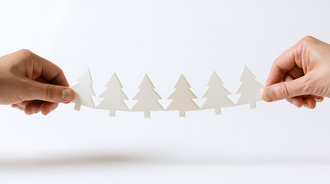 Two hands hold a white paper chain of interconnected pine trees against a clean minimal background, representing unity, art, and nature