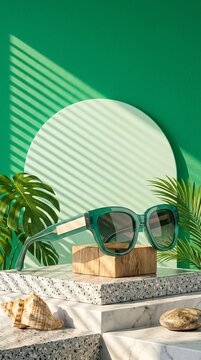 Stylish Green Frame Sunglasses on Wooden Podium with Tropical Plants Presentation