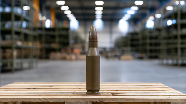 A single large caliber military ammunition bullet standing upright on a wooden pallet inside a vast industrial warehouse distribution center