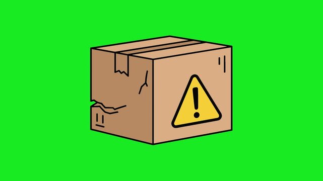 Crushed shipping box with yellow warning triangle icon.