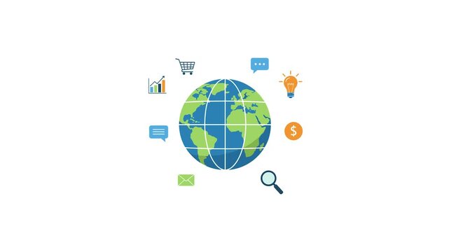 Global network icons surrounding earth globe on white background