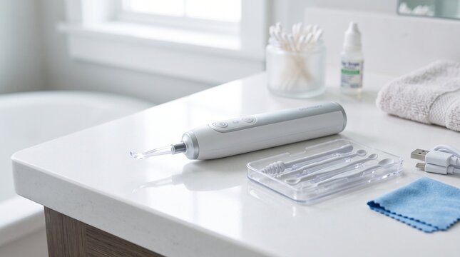 Electric ear cleaning tool with accessories on a white bathroom vanity