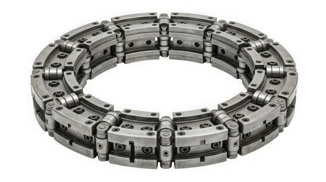 Industrial circular metal mechanical component with roller chain links isolated on transparent background