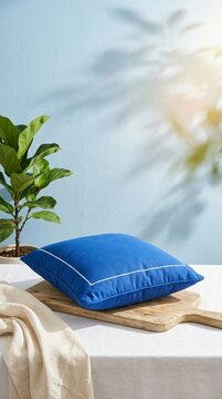 Royal Blue Throw Pillow Displayed on Wooden Board with Plant Backdrop