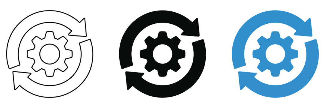 Sync process icon featuring settings gear for updates, refresh, automation, workflow and process management, vector, design