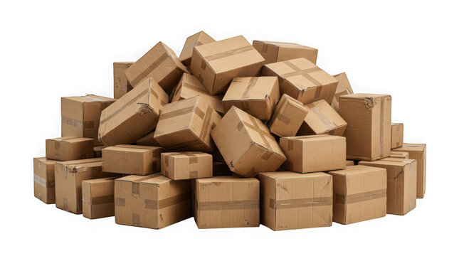 Large pile of cardboard shipping boxes isolated on transparent background