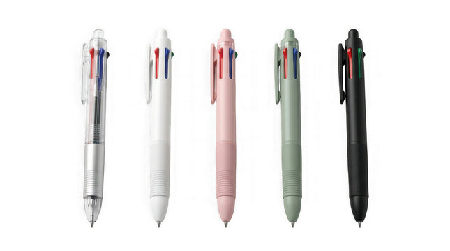 Set of five multicolor ballpoint pens with different body colors isolated on transparent background