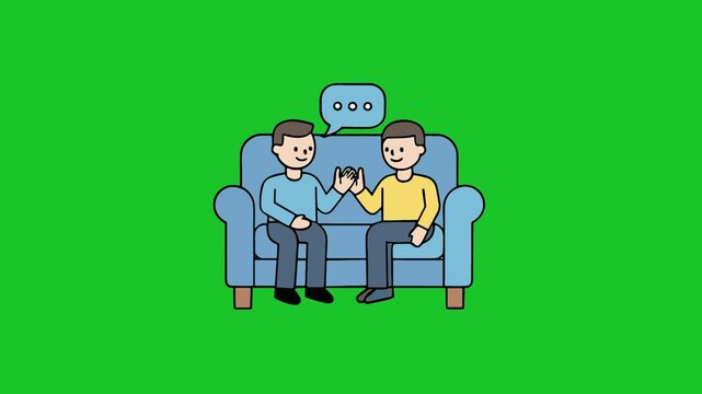 Two people sitting on sofa talking with speech bubble.